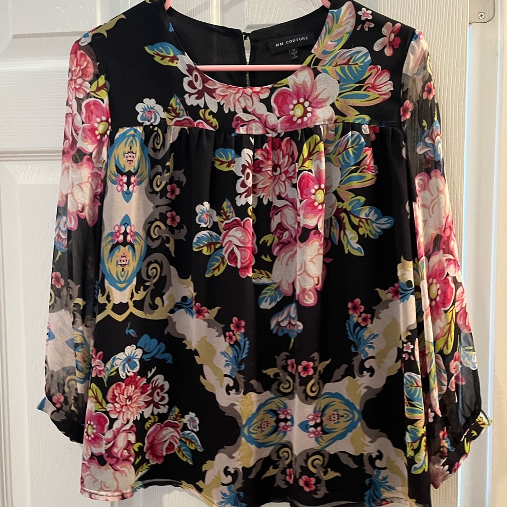Mm couture black floral blouse silk